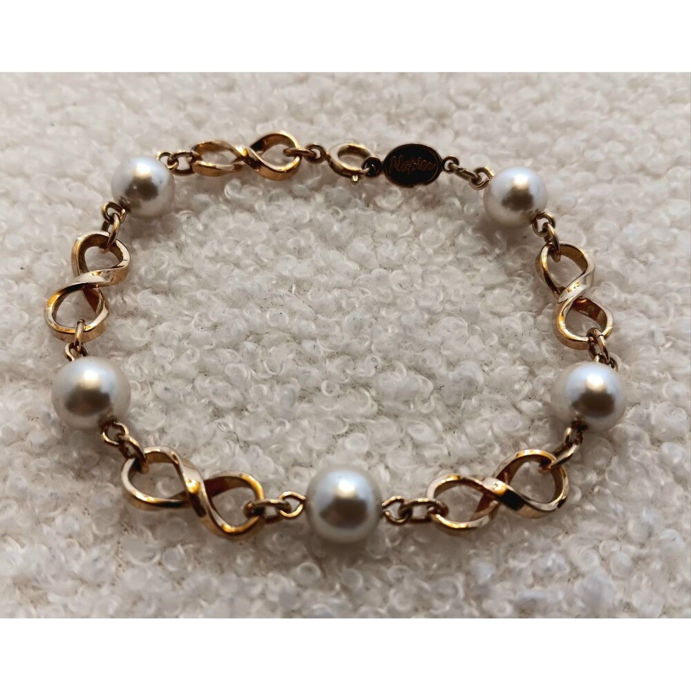 Lovely Napier Vintage Gold Tone Faux Pearl Infinity Chain Bracelet